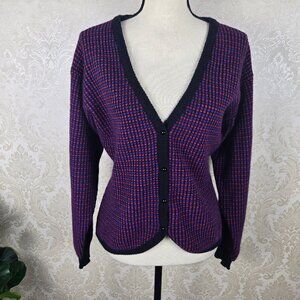 TannerSport Size Large Red Purple Black Check Cardigan Lambswool/Angora Blend